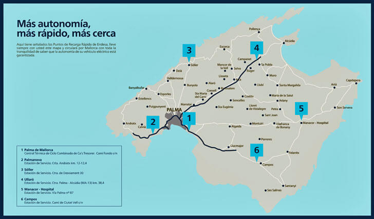 Mapa de la isla de Mallorca con puntos de recarga