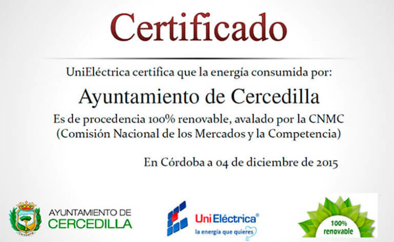 Certificado de UniEléctrica de que el Ayuntamiento de Cercedilla solo utiliza energía procedente de 100% renovables.