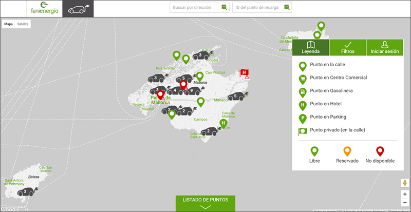 Ubicación de los puntos de recarga de vehículos eléctricos en Islas Baleares, según Fenie Energía.