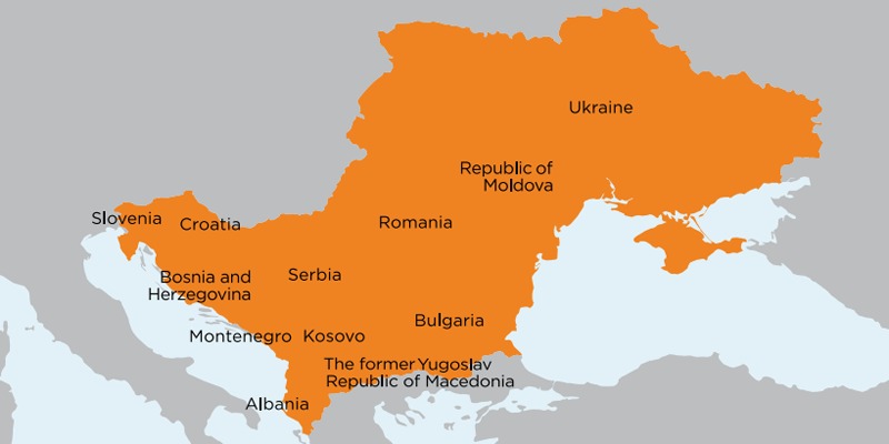 Mapa de la región sudeste de Europa en la que se registra un alto potencial en renovables.