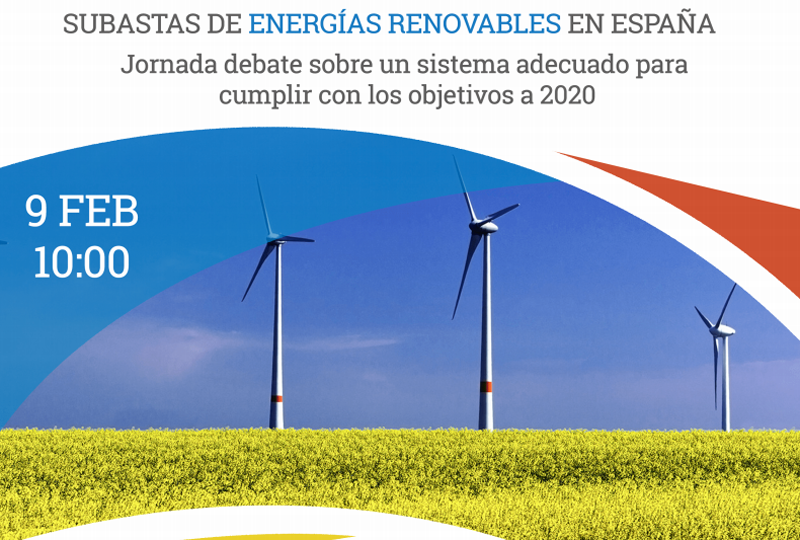 Cartel de la jornada sobre subastas de energías renovables en España. Parque eólico.