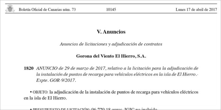 El presupuesto del concurso público de Gorona del Viento El Hierro para los sistemas de recarga eléctrica es de 96.729 euros.