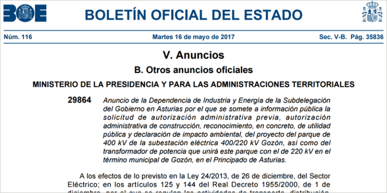 Anuncio por el que se somete a información pública el proyecto de Red Eléctrica de España para construir una subestación y transformador en Asturias por valor de 15,5 millones de euros.