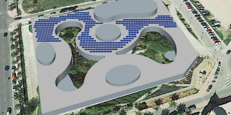 Recreación de la instalación fotovoltaica sobre la cubierta del centro sociosanitario Santa Rita de Menorca.