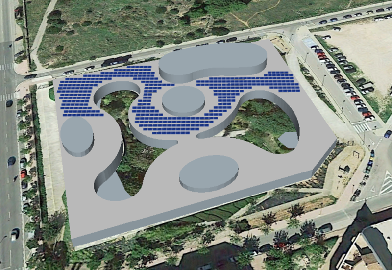 Recreación de la instalación fotovoltaica sobre la cubierta del centro sociosanitario Santa Rita de Menorca. 