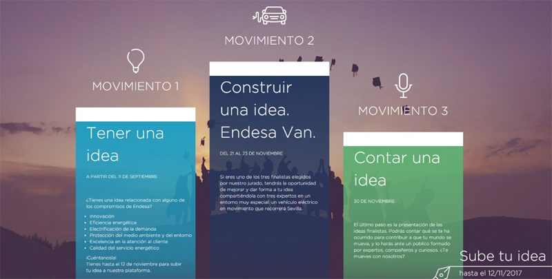 Pantallazo de la homepage del concurso "Las Ideas se Mueven", de Endesa. para universitarios con ideas innovadoras en materia de energía. 
