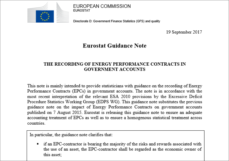 Pantallazo del primer fragmento de la nota de orientación publicada por Eurostat donde aclara que la inversión pública en contratos de eficiencia energética no se contabilizarán como déficit en las cuentas nacionales. 