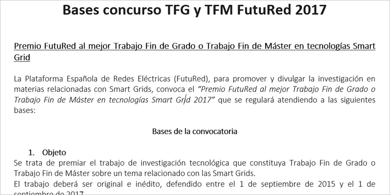 El plazo para presentar los trabajos fin de Grado o Máster al Premio convocado por FutuRed estará abierto hasta el 10 de octubre y el galardón se entregará durante el IV Congreso Smart Grids, el 23 de noviembre, en Madrid.