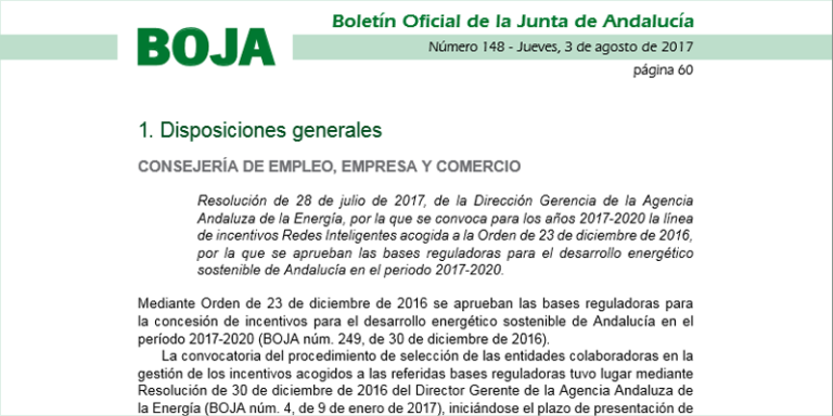 Fragmento de la resolución de 28 de Julio de 2017 de la Consejergía de Empleo, Empresa y Comercio de la Junta de Andalucía por la que se convoca para los años 2017-2020 la línea de incentivos Redes Inteligentes.