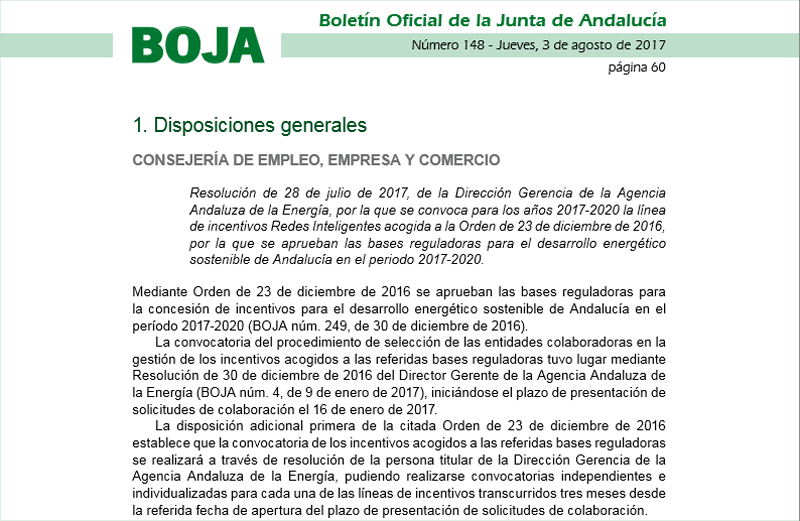Fragmento de la resolución de 28 de Julio de 2017 de la Consejergía de Empleo, Empresa y Comercio de la Junta de Andalucía por la que se convoca para los años 2017-2020 la línea de incentivos Redes Inteligentes. 