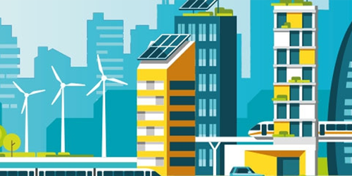 Infografía que representa una ciudad que funciona con energías renovables.