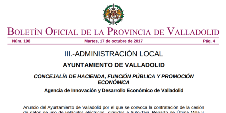Publicación en el Boletín oficial de la Provincia de Valladolid de la convocatoria de incentivos al vehículo eléctrico para sectores empresariales a cambio de la cesión de datos de uso de estos vehículos.