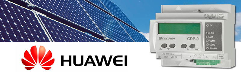 Controlador Dinámico de Potencia CDP de Circutor, junto al logo de Huawei. 