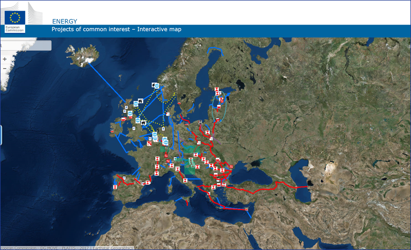 Mapa interactivo de los proyectos de interés para las infraestructuras energéticas europeas. 