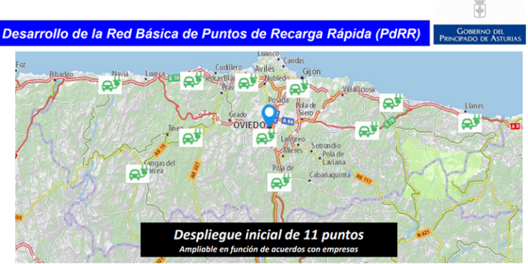 Mapa de ubicaciones en las que el Gobierno del Principado de Asturias desplegará la red de puntos de recarga rápida para coches eléctricos.