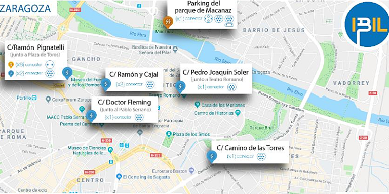 Mapa de ubicaciones y tipologías de los ocho puntos de recarga para vehículos eléctricos que Ibil instalará en Zaragoza y que estarán alimentados por energía renovable.