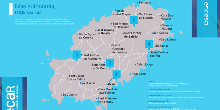 Mapa de puntos de recarga semirrápida desplegados en la isla de Ibiza por Endesa en un acuerdo con la marca Smart.