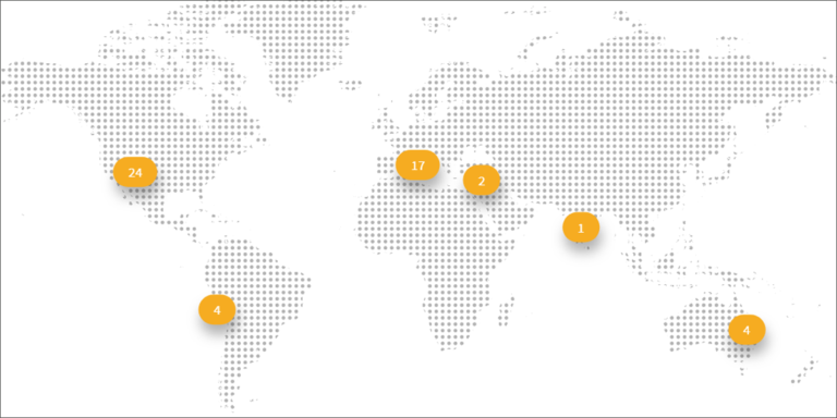Mapa del mundo con la ubicación de proyectos de FRV