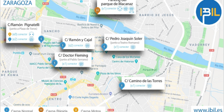 Mapa de Zaragoza con la ubicación de los nuevos puntos de recarga eléctrica disponibles desde el pasado viernes.