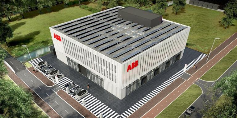 Imagen infográfica del edificio que ABB está constuyendo en Países Bajos para avanzar en el campo de la recarga de vehículos eléctricos.