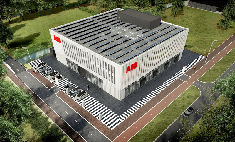 Imagen infográfica del edificio que ABB está constuyendo en Países Bajos para avanzar en el campo de la recarga de vehículos eléctricos. 