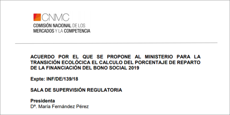 Extracto del Acuerdo por el que se propone al Ministerio para la Transición Ecológica el cálculo del porcentaje de reparto de la financiación del bono social 2018. INF/DE/139/18
