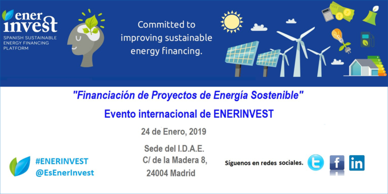 Cartel del evento internacional de EnerInvest sobre financiaicón de proyectos de energía sostenible.