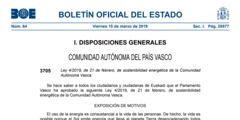 El BOE publica la Ley de Sostenibilidad Energética del País Vasco