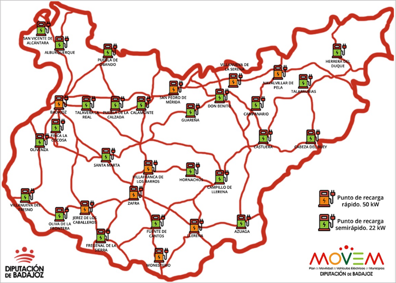Mapa de la red de puntos de recarga en Badajoz