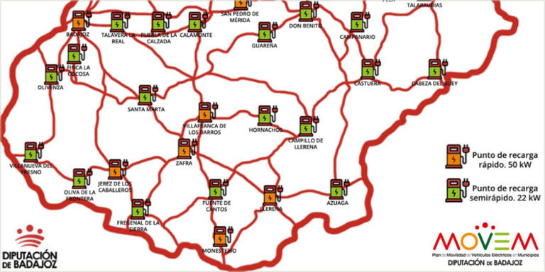 Mapa de la red de puntos de recarga en Badajoz