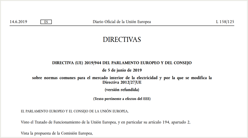 Directiva 944/2019 sobre normas comunes para el mercado interior de la electricidad 