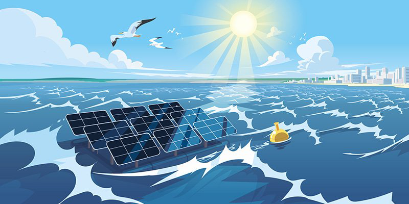 Ilustración de placas fotovoltaicas en alta mar