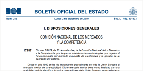 El BOE publica la circular para regular el mercado mayorista de electricidad y la gestión de la operación del sistema