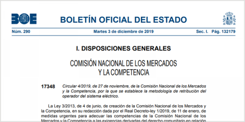 Aprobada la circular por la que se establece la metodología de retribución del operador del sistema eléctrico