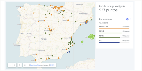 Nuevo mapa que monitoriza más de 500 puntos de recarga públicos inteligentes de la geografía nacional