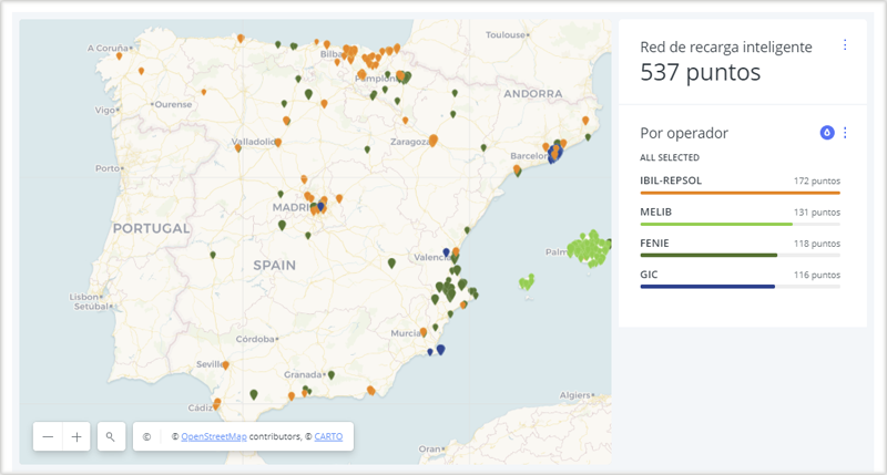 Mapa de puntos públicos de recarga inteligente de Red Eléctrica de España