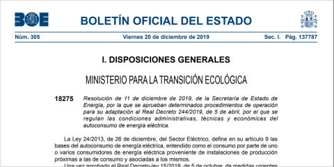 El BOE publica la resolución de procedimientos del sistema eléctrico para adaptarlos al real decreto de autoconsumo