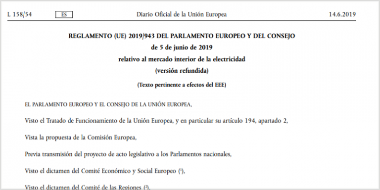 Publicación del Reglamento (UE) 2019/943 del Parlamento Europeo y del Consejo de 5 de junio de 2019 relativo al mercado interior de la electricidad