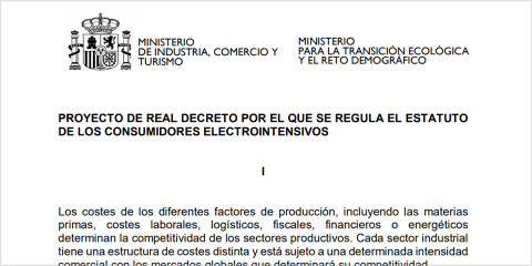 El Gobierno abre una nueva consulta pública del proyecto de real decreto del Estatuto de Consumidores Electrointensivos