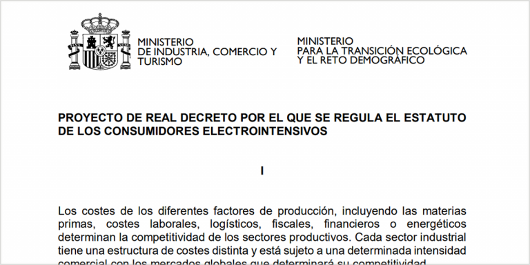 Proyecto de Real Decreto por el que se regula el Estatuto de los Consumidores Electrointensivos