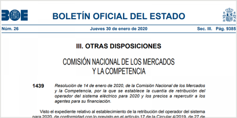 La retribución del operador del sistema eléctrico en el año 2020 se fija en 74,6 millones de euros