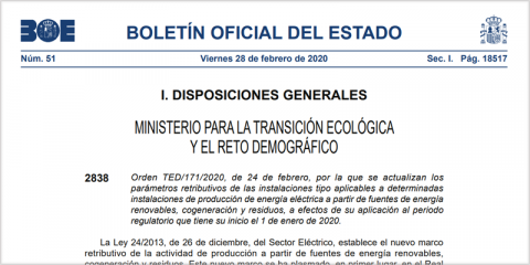 El BOE publica la orden de parámetros retributivos de las instalaciones eléctricas a partir de fuentes renovables