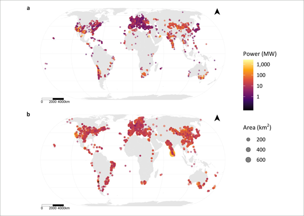 Distribución mundial de la energía solar (a) y eólica (b).