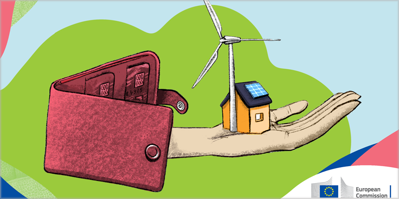 Imagen de cartera e instalación eólica y fotovoltaica para ilustrar la financiación sostenible