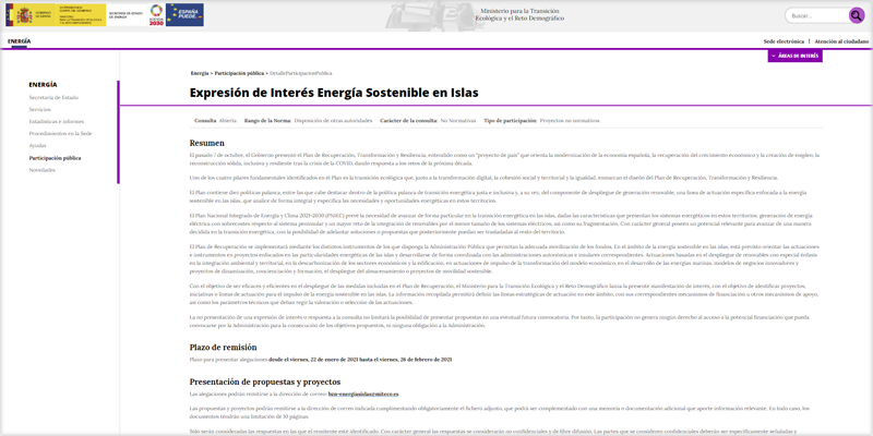 Expresión de Interés Energía Sostenible en Islas