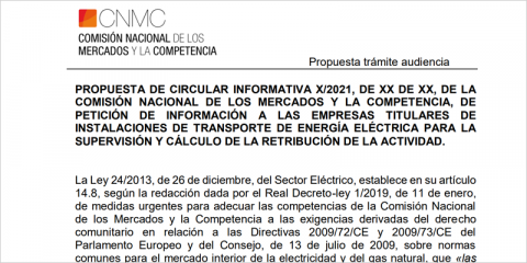 Consulta pública de la propuesta de Circular sobre los criterios para el cálculo retributivo de las eléctricas
