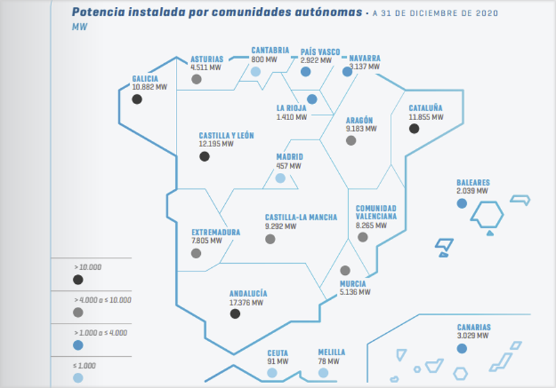 Mapa potencia instalada or comunidades autónomas