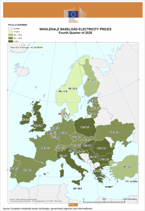 Mapa Europa Precios de electricidad