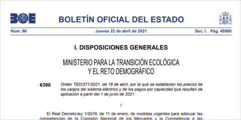 El BOE publica la orden por la que se establecen los precios de los cargos del sistema eléctrico
