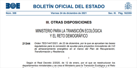 Primera línea de ayudas del PERTE ERHA para proyectos de I+D+i en almacenamiento energético